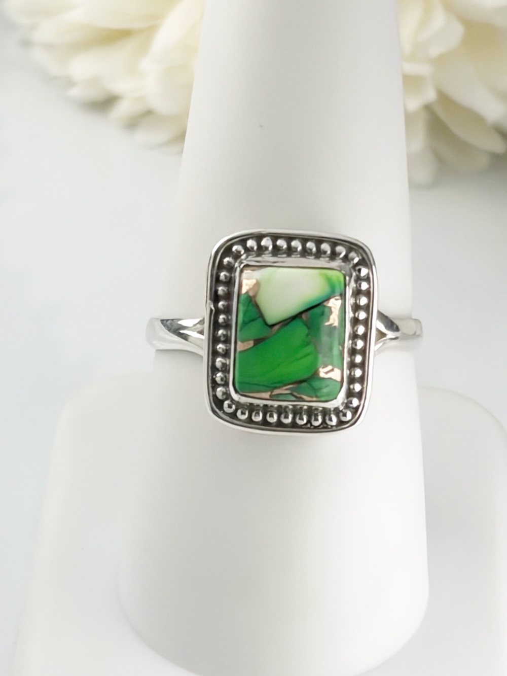Pure Sterling Silver 925 Green Copper Dahlia Kingman Turquoise Ring Size 8 New